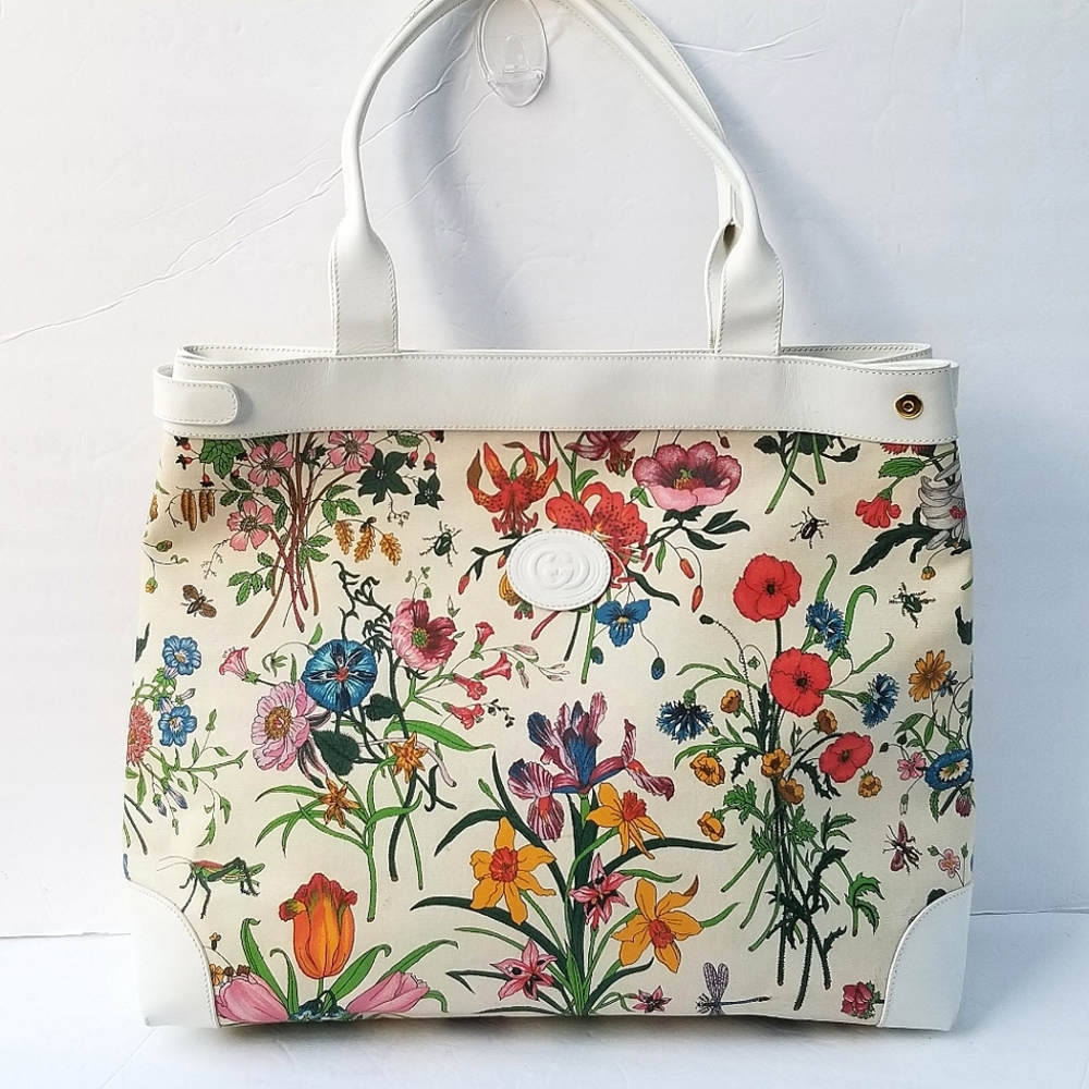 Fabulous  Rare Vintage Gucci  Flora Floral Tote Bag - White and Multicolor - Picture 2 of 16